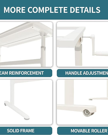Manual Standing Desk Adjustable Height- Crank Mobile Standing Desk 55 x 24 Inches Sit Stand Desk Frame & Top, Stand Up Desk on Wheels, Computer Desk White Frame & White - LeafyLoom
