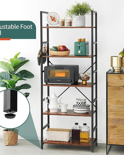Yoobure 5 Tier Bookshelf - Tall Book Shelf Modern Bookcase for CDs/Movies/Books, Rustic Book Case Industrial Bookshelves Book Storage Organizer for Bedroom Home Office Living Room Brown - LeafyLoom
