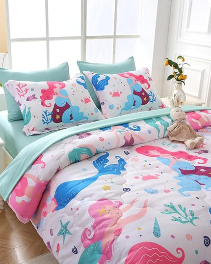 Wajade Kids Mermaids Comforter Set Bed in A Bag Twin Size 7 Piece Colorful 3D Cartoon Mermaids Bedding Set for Girls (1 Comforter, 1 Flat Sheet, 1 Fitted Sheet, 2 Pillowcase and 2 Pillow Sham) - LeafyLoom