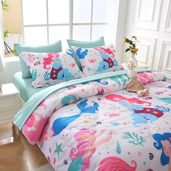Wajade Kids Mermaids Comforter Set Bed in A Bag Twin Size 7 Piece Colorful 3D Cartoon Mermaids Bedding Set for Girls (1 Comforter, 1 Flat Sheet, 1 Fitted Sheet, 2 Pillowcase and 2 Pillow Sham) - LeafyLoom