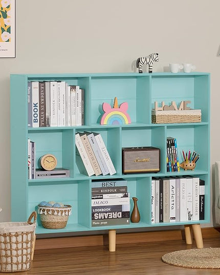 LEYAOYAO 10 Cube Bookshelf,3 Tier Modern Wide Bookcase with Legs,Mid-Century Wood Bookshelves Storage,Mint-Green Large Book Case,Freestanding Organizer Display Shelf for Bedroom,Living Room,Office - LeafyLoom