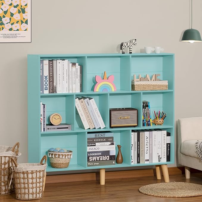 LEYAOYAO 10 Cube Bookshelf,3 Tier Modern Wide Bookcase with Legs,Mid-Century Wood Bookshelves Storage,Mint-Green Large Book Case,Freestanding Organizer Display Shelf for Bedroom,Living Room,Office - LeafyLoom