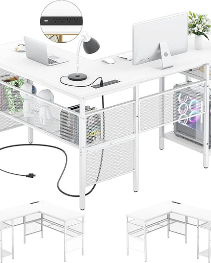 Unikito Magic Portable 4 Outlets L Shaped Desk, Reversible 55 Inch L-Shaped Computer Desk with Storage Shelf and USB Charging Port, Unique Grid Design, Large Gaming Corner Table for Home Office, White - LeafyLoom