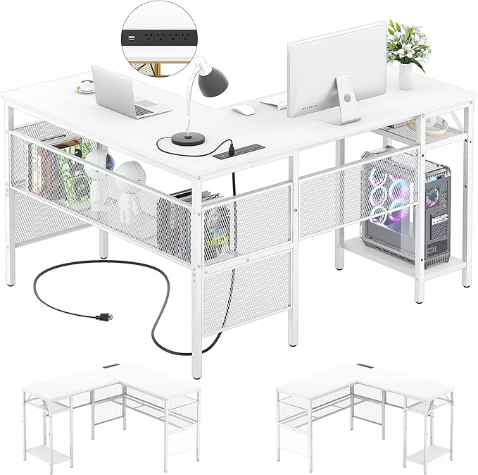 Unikito Magic Portable 4 Outlets L Shaped Desk, Reversible 55 Inch L-Shaped Computer Desk with Storage Shelf and USB Charging Port, Unique Grid Design, Large Gaming Corner Table for Home Office, White - LeafyLoom
