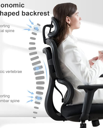 Ergonomic Office Chair - Mesh Office Chair High Back, Rolling Desk Chair, Executive Swivel Chair, Computer Chair with 3D Adjustable Armrest, 3D Lumbar Support, Blade Wheels, Adjustable Headrest - LeafyLoom