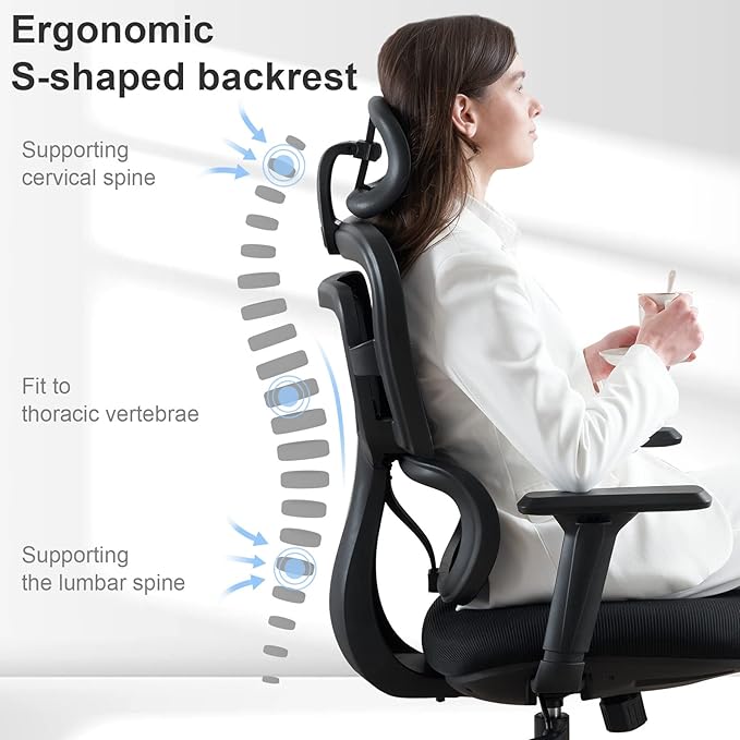 Ergonomic Office Chair - Mesh Office Chair High Back, Rolling Desk Chair, Executive Swivel Chair, Computer Chair with 3D Adjustable Armrest, 3D Lumbar Support, Blade Wheels, Adjustable Headrest - LeafyLoom