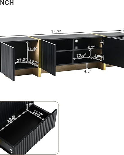 Merax Luxury Fluted TV Stand for Televisions Up to 80'', Modern Entertainment Center with Storage Cabinets & Drawers and Golden Wood Grain Legs, Smooth Media Console, for Living Room, Black - LeafyLoom