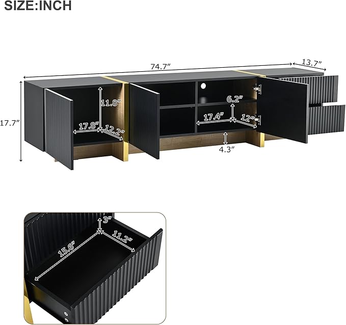 Merax Luxury Fluted TV Stand for Televisions Up to 80'', Modern Entertainment Center with Storage Cabinets & Drawers and Golden Wood Grain Legs, Smooth Media Console, for Living Room, Black - LeafyLoom