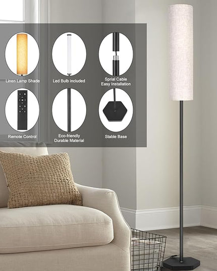 Floor Lamps for Living Room, 12W LED Floor Lamp with Remote Control and 3 Color Temperatures, Reading Lamp, Floor Lamps with Beige Lamp Shade for Bedrooms/Office (Bulb Included) - LeafyLoom