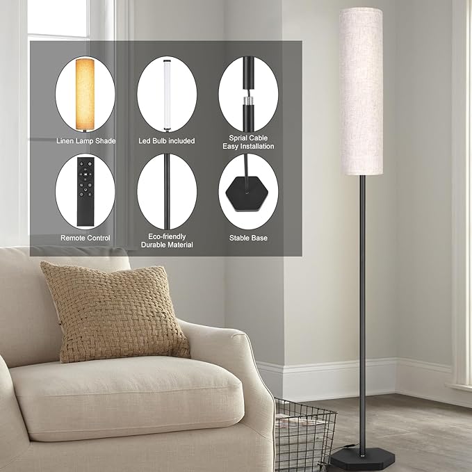 Floor Lamps for Living Room, 12W LED Floor Lamp with Remote Control and 3 Color Temperatures, Reading Lamp, Floor Lamps with Beige Lamp Shade for Bedrooms/Office (Bulb Included) - LeafyLoom
