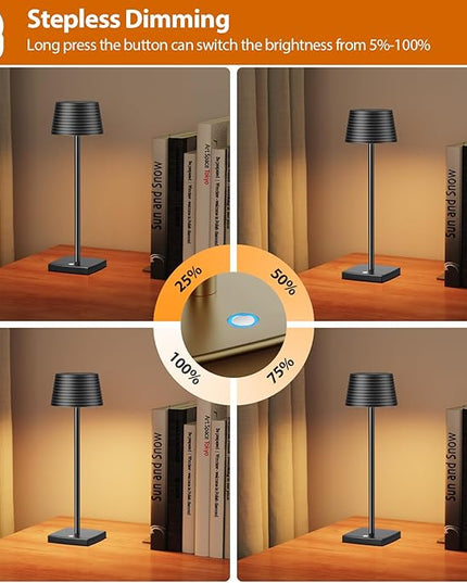 Rechargeable Cordless Table Lamp, Battery 5000mAh Metal Aluminum Housing USB LED Portable Powered Desk Lamp, 3 Levels Brightness Night Light for Restaurants Bars Outdoor (black) - LeafyLoom