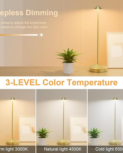 2-Pack 6000mAh Rechargeable LED Table Lamps,Outdoor Cordless Table Lamp Waterproof Portable, 3-Color Stepless Dimmable Modern Lamp for Restaurant/Bedroom(Gold) - LeafyLoom