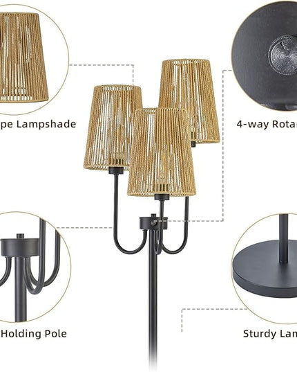 RORIANO Boho Floor Lamp for Living Room, 3-Light Rotary Switch Farmhouse Standing Bedroom Lamp with Rattan Shade, Tall Floor Lamps for Rustic, Coastal, Beach or Bohemian Decor, 3 LED Bulbs Included - LeafyLoom