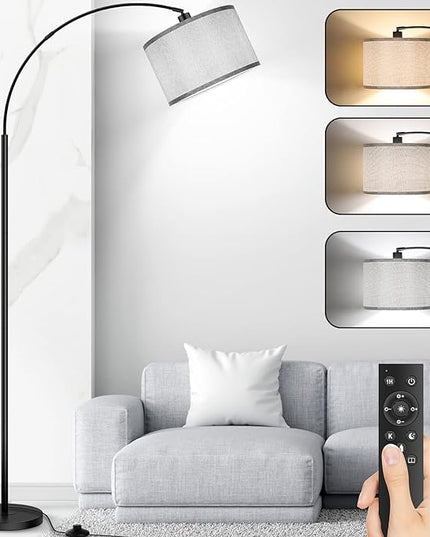 Arc Floor Lamps for Living Room, Modern Remote Control Standing Lamp with Stepless Dimmable, Black Tall Lamp with Gary Drum Shade, Over Couch Arched Reading Light for Bedroom, Office(Bulb Included) - LeafyLoom