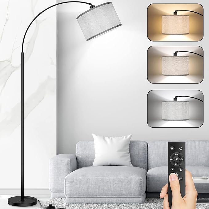 Arc Floor Lamps for Living Room, Modern Remote Control Standing Lamp with Stepless Dimmable, Black Tall Lamp with Gary Drum Shade, Over Couch Arched Reading Light for Bedroom, Office(Bulb Included) - LeafyLoom