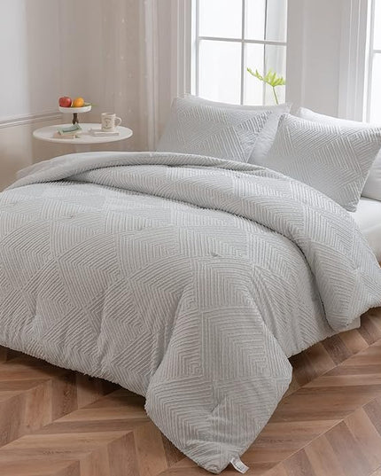 King Size Comforter Set Light Grey, Shabby Chic Tufted Design Boho Bedding Comforter Sets 3 Pieces (1 Comforter, 2 Pillowcases) - LeafyLoom