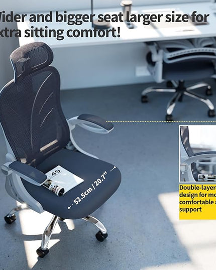 Ergonomic Office Chair with Foldable Backrest, Computer Desk Chair with Flip-up Armrests, Mesh Lumbar Support and 2D Headrest Big and Tall Office Chair, White - LeafyLoom