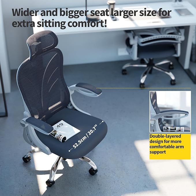 Ergonomic Office Chair with Foldable Backrest, Computer Desk Chair with Flip-up Armrests, Mesh Lumbar Support and 2D Headrest Big and Tall Office Chair, White - LeafyLoom