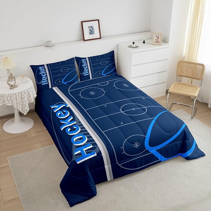 Feelyou Kids Ice Hockey Comforter Set Full Size Ice Sports Games Bedding Set for Boys Girls Teens Bedroom Decor Hockey Player Comforter Puck Hockey Duvet Set with 2 Pillow Case - LeafyLoom