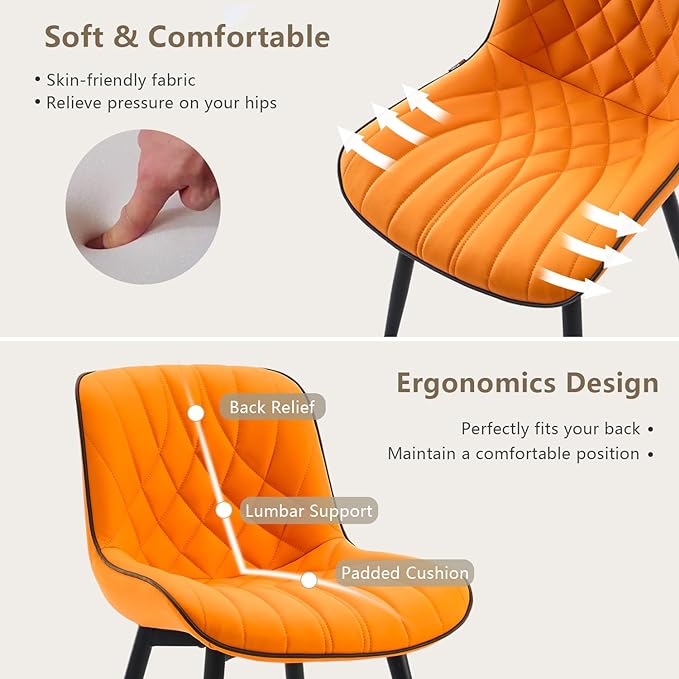 YOUNUOKE Dining Chairs Set of 2 Mid Century Modern Kitchen Chair Comfortable Upholstered Faux Leather Dinner Chairs for Kitchen Dining Room, Orange - LeafyLoom