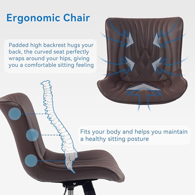 YOUNIKE Office Chair, Armless Desk Chair with Wheels, Home Office Computer Task Chairs, Modern Faux Leather Upholstered Vanity Chair, Adjustable Swivel Rocking Chair with Back, Espresso Brown - LeafyLoom