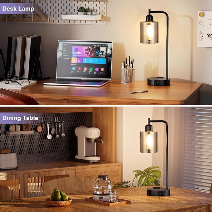 Innqoo Industrial Touch Bedroom Lamps for Bedrooms Set of 2-3-Way Dimmable Table Lamps with USB C+A Ports and Outlet, Bedside Lamps with Gray Glass Shade for Living Room, Desk Lamps for Home Office - LeafyLoom