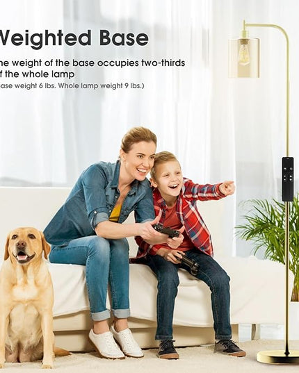 PAZZO LED Floor Lamp, Industrial Standing Lamp with Glass Lampshade, Ideal for Living Room, Bedroom, and Office,Gold(includes Remote Control) - LeafyLoom