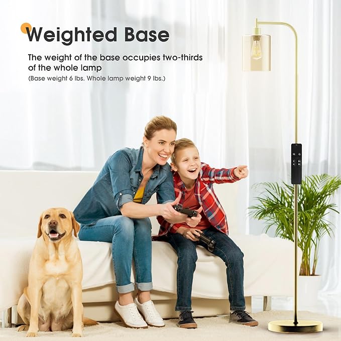 PAZZO LED Floor Lamp, Industrial Standing Lamp with Glass Lampshade, Ideal for Living Room, Bedroom, and Office,Gold(includes Remote Control) - LeafyLoom
