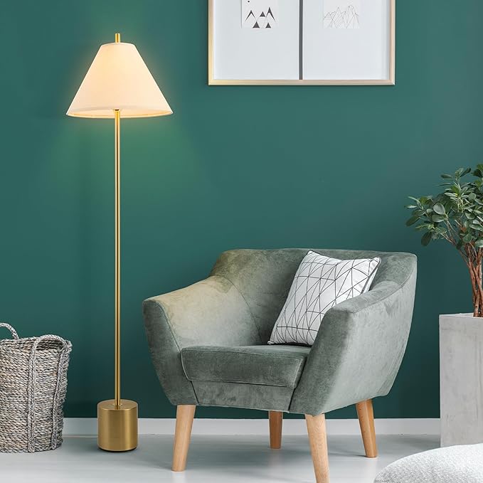 Globe Electric 61000060 60" Floor Lamp, Matte Brass Finish, Beige Linen Shade, Weighted Base, On/Off Rotary Switch on Socket, Reading Lamp, Home Office Accessories, Home Improvement - LeafyLoom