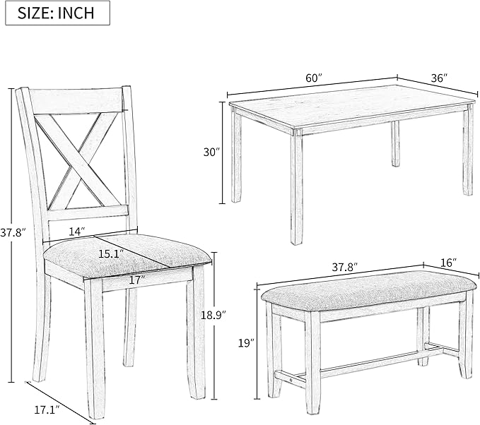 6-Piece Classic Dinette Sets Rectangular Wooden Kitchen Dining Table, 4 Fabric Chairs & Bench, for Diningroom Living Room, Easy to Assemble, Natural Cherry - LeafyLoom