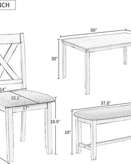 6-Piece Classic Dinette Sets Rectangular Wooden Kitchen Dining Table, 4 Fabric Chairs & Bench, for Diningroom Living Room, Easy to Assemble, Gray 6 - LeafyLoom