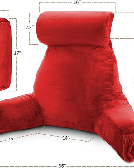 Clara Clark Reading Pillow, Large Back Pillow for Sitting Up in Bed, Memory Foam Back Support Pillow, Reading Pillows for Sitting in Bed Adult, Red Sit Up Pillow for Bed Chair with Arms and Pockets - LeafyLoom