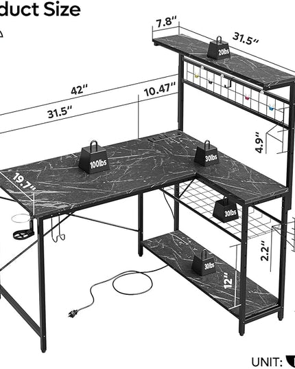 Bestier Gaming Desk with Power Outlets,42 Computer Desk with LED Lights, Reversible Corner Desk with 4-Tier Shelves,Cup Holder & Hook for Home Office,Black Marble - LeafyLoom