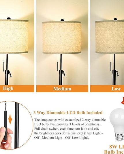 Adjustable Height Floor Lamp for Living Room, Black Standing Lamp, Floor Lamp for Bedroom Office, Modern Tall Floor Lamp with Linen Shade, 3-Way Dimmable 8W 3000K LED Blub Included (Black) - LeafyLoom