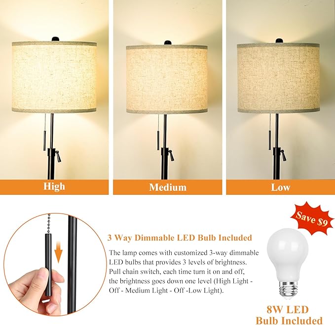 Adjustable Height Floor Lamp for Living Room, Black Standing Lamp, Floor Lamp for Bedroom Office, Modern Tall Floor Lamp with Linen Shade, 3-Way Dimmable 8W 3000K LED Blub Included (Black) - LeafyLoom