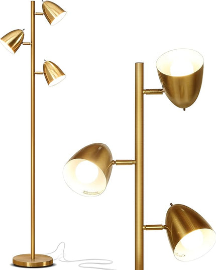 Brightech Jacob LED Standing Lamp, Modern Bright Floor Lamps for Living Rooms & Bedrooms, Tall LED Lighting Lamp with Adjustable 3 Light Tree – Antique Brass/Gold - LeafyLoom