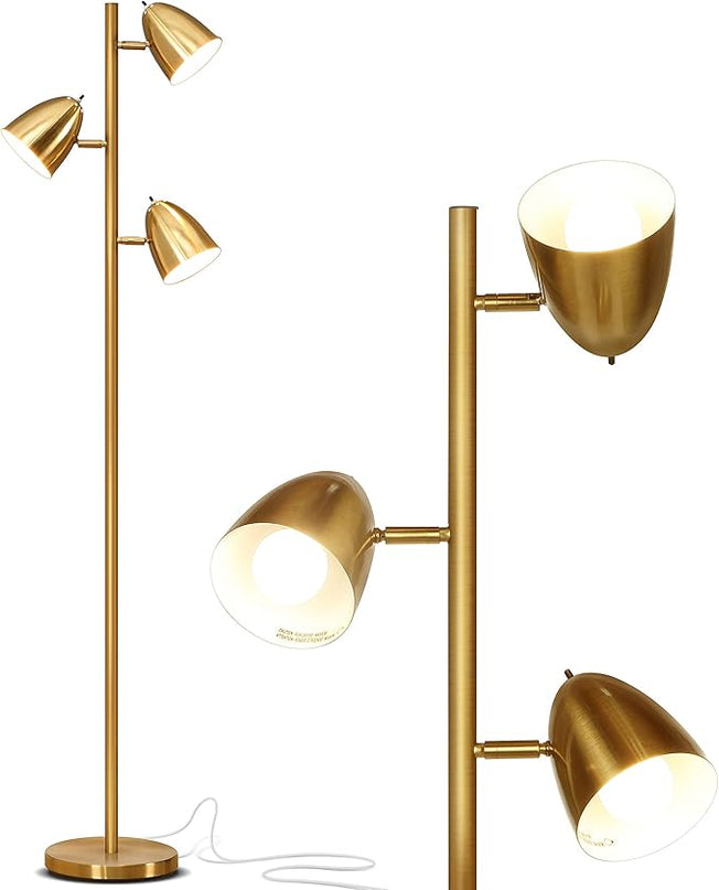 Brightech Jacob LED Standing Lamp, Modern Bright Floor Lamps for Living Rooms & Bedrooms, Tall LED Lighting Lamp with Adjustable 3 Light Tree – Antique Brass/Gold - LeafyLoom