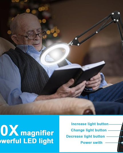 8X Magnifying Glass with Light and Stand, 3 Color Temperatures, Adjustable Brightness Magnifying Floor Lamp, Swing Arm Lighted Magnifier for Reading, Crafts and Close Work - LeafyLoom