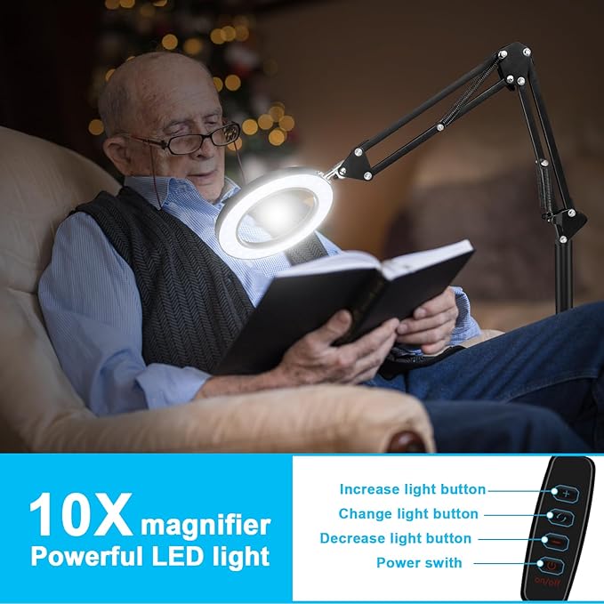 8X Magnifying Glass with Light and Stand, 3 Color Temperatures, Adjustable Brightness Magnifying Floor Lamp, Swing Arm Lighted Magnifier for Reading, Crafts and Close Work - LeafyLoom