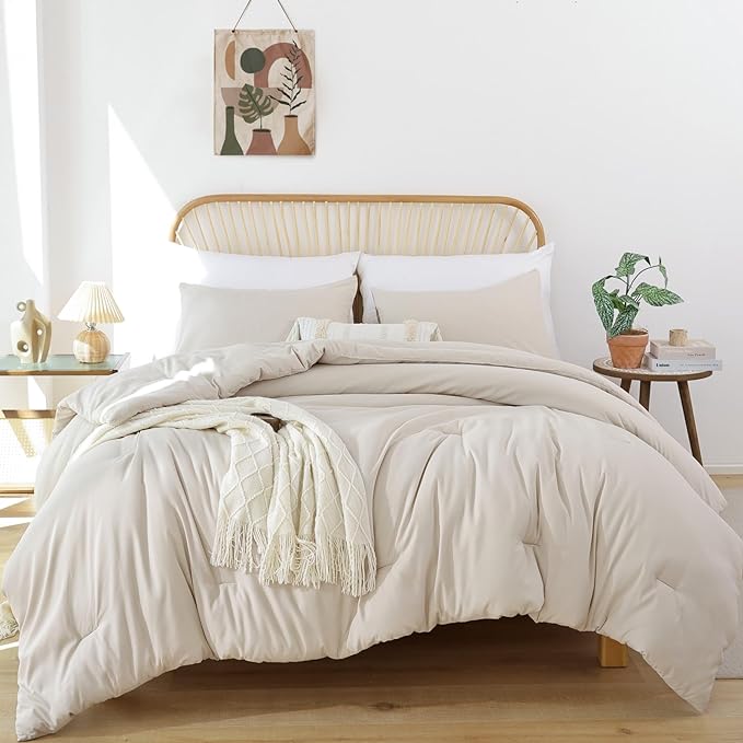 ROSGONIA California King Comforter Set Beige, 3pcs (1 Boho Cal King Comforter & 2 Pillowcases), All Season Bedding Soft Bedspread Blanket Quilt - LeafyLoom
