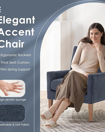 COLAMY Modern Wingback Living Room Chair, Upholstered Fabric Accent Armchair, Single Sofa chair with Lounge Seat and Wood Legs for Bedroom/Office/Reading Spaces, Blue - LeafyLoom