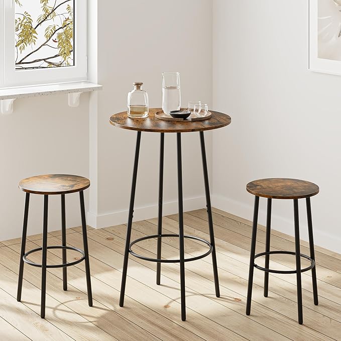 3 Piece Bar Table Set, Round Bar Table and Chairs Set of 2, Pub Dining Table Set Counter Height, Bar Stool Table for Breakfast Nook, Dinning Room, Living Room, Rustic Brown(23.6") - LeafyLoom