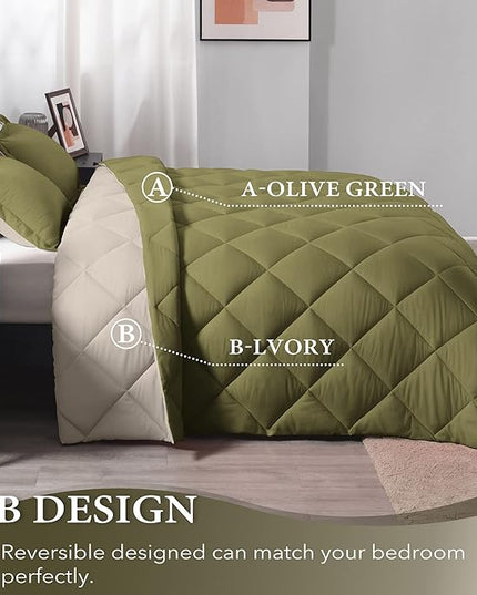 downluxe Queen Comforter Set, Lightweight Solid Down Alternative Reversible, 3-Piece Queen Size Comforter Set with 2 Reversible Pillow Shams (Olive Green/Ivory) - LeafyLoom
