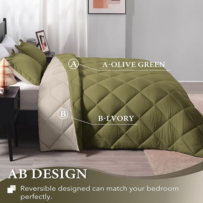 downluxe Queen Comforter Set, Lightweight Solid Down Alternative Reversible, 3-Piece Queen Size Comforter Set with 2 Reversible Pillow Shams (Olive Green/Ivory) - LeafyLoom