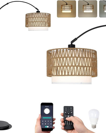 Arc Floor Lamp with Remote, Modern LED Floor Lamp with Dimmable Bulb, Boho Farmhouse Standing lamp with Fabric & Rattan Lampshades, Height Adjustable Black Tall Lamp for Living Room Bedroom - LeafyLoom