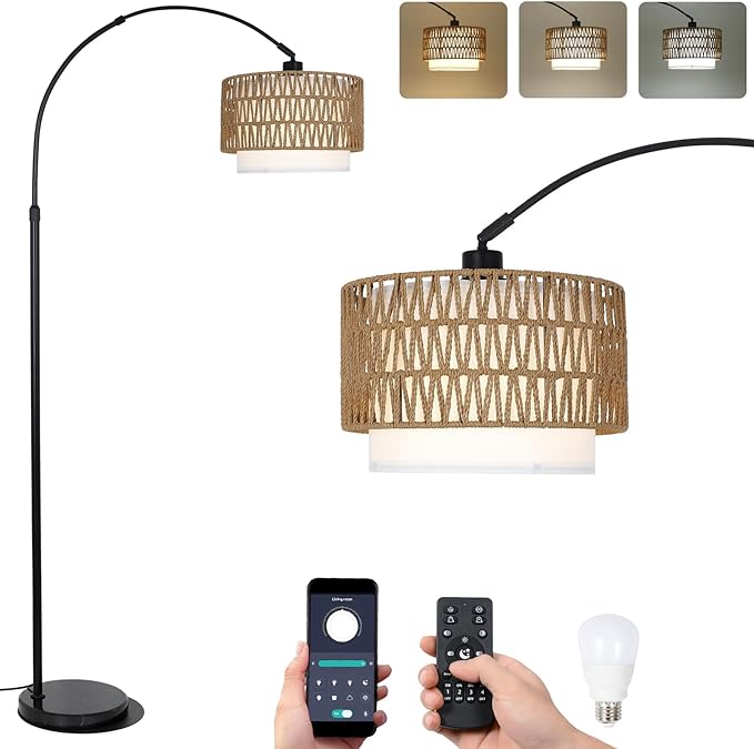 Arc Floor Lamp with Remote, Modern LED Floor Lamp with Dimmable Bulb, Boho Farmhouse Standing lamp with Fabric & Rattan Lampshades, Height Adjustable Black Tall Lamp for Living Room Bedroom - LeafyLoom