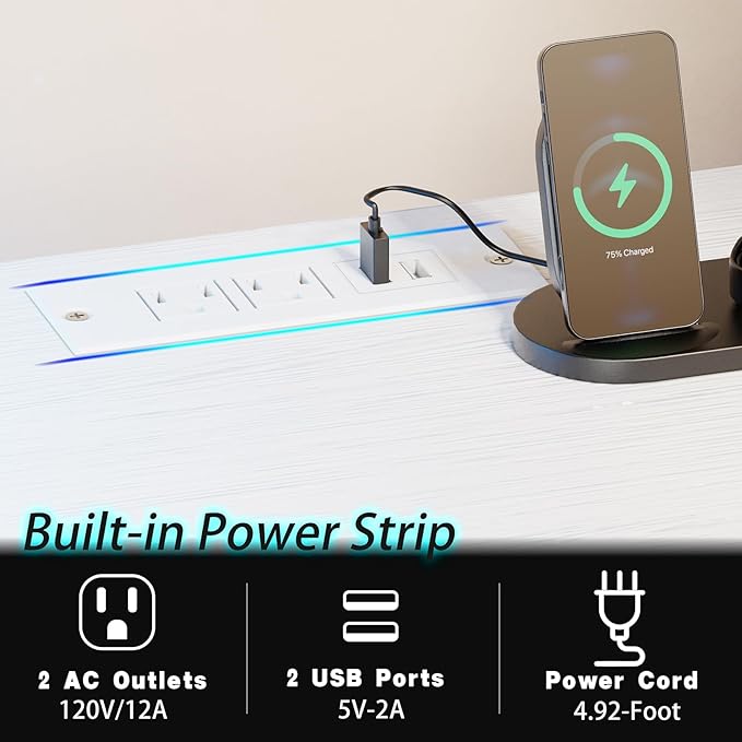 White Computer Desk with Drawer and Power Outlets, 47" Office Desk with Monitor Stand and Sheleves,Writing Study Gaming Desks with Led Light and Headphone Hook for Bedroom - LeafyLoom