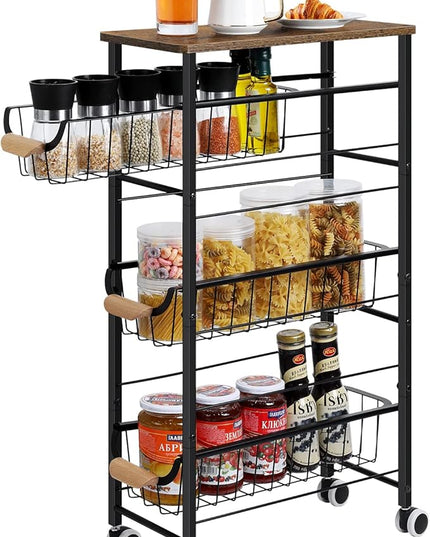 Slim Rolling Storage Cart,4-Tier Rolling Kitchen Cart,Narrow Utility Cart with Pull-Out Basket and Wooden Top,for Ktichen,Bathroom,Laundry Room,Small Space,Rustic Brown - LeafyLoom
