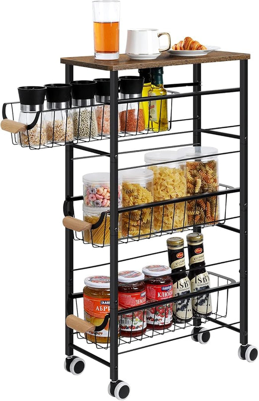 Slim Rolling Storage Cart,4-Tier Rolling Kitchen Cart,Narrow Utility Cart with Pull-Out Basket and Wooden Top,for Ktichen,Bathroom,Laundry Room,Small Space,Rustic Brown - LeafyLoom
