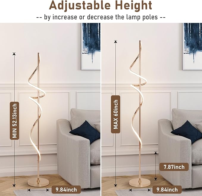 LED Floor Lamp for Living Room, 60inch Gold Floor Lamp with Remote Control, 48W Dimmable Led Floor Lamp with 3 Color Temperatures, Indoor Modern Spiral Floor Lamp for Living Room, Bedroom, Office - LeafyLoom